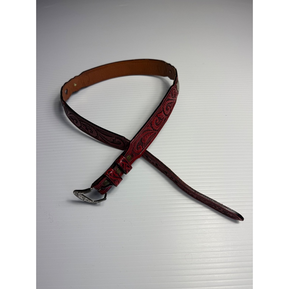 Silver Creek Collection Western Tooled Leather Belt Red Brown Buckle 30